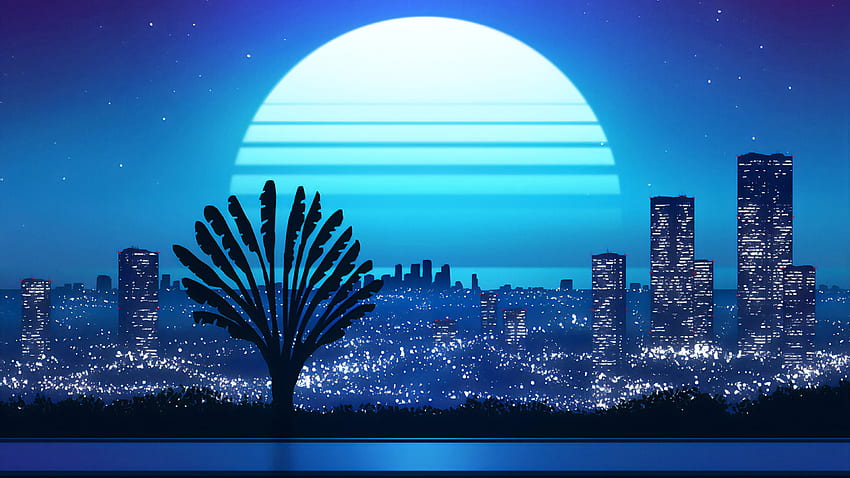 Vaporwave, ilustración, paisaje urbano, luz de luna, paisaje. fondo de pantalla