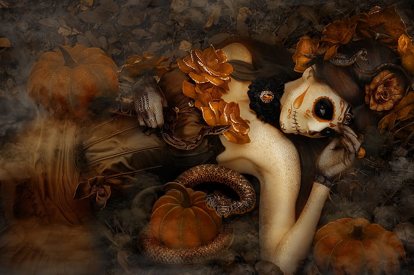 Gadis ular, air, emas, ular, fiendcute, gadis, oranye, gelap, halloween, mawar, coklat, fantasi, bunga, labu, dia de los muertos Wallpaper HD