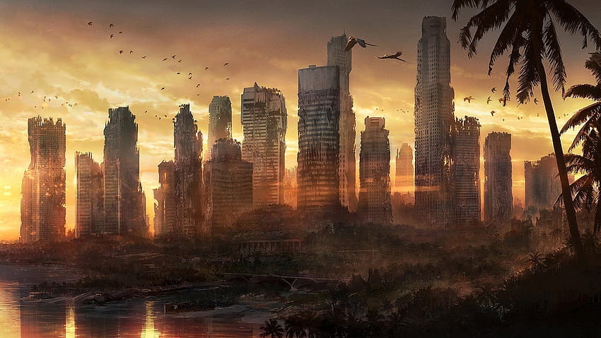 Ciudad Muerta Destruida Bosques Abandonados Atardecer Ciudades Apocalípticas fondo de pantalla