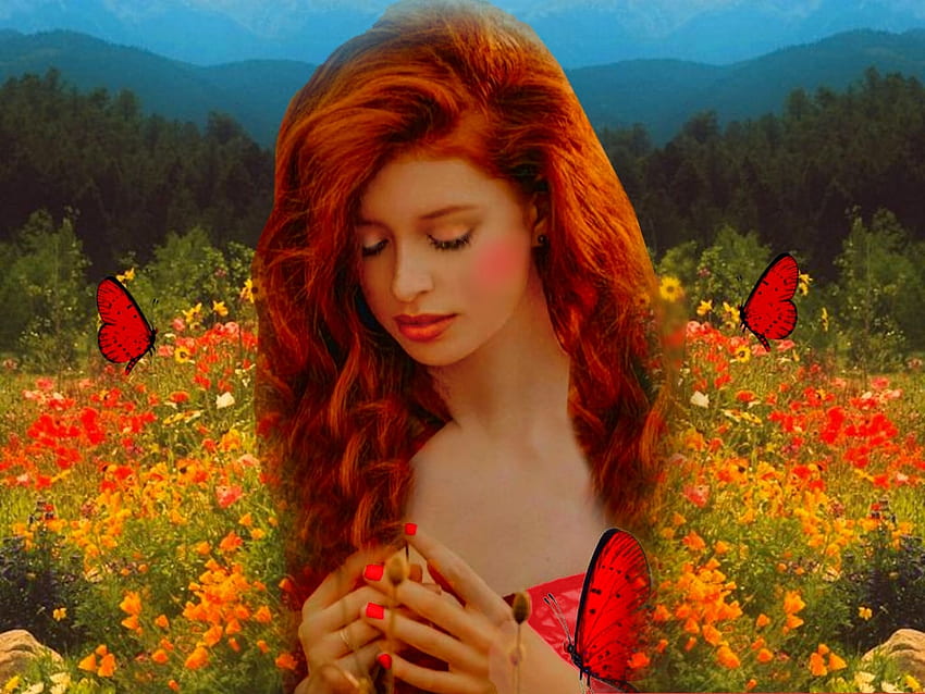 Ladies In Red 5, butterflies, blue, red, yellow, green, flowers, orange, readhead, girl HD wallpaper