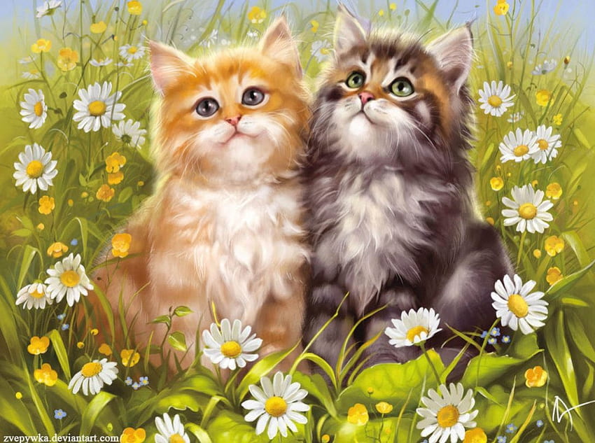 Kittens, cute, painting, animals HD wallpaper