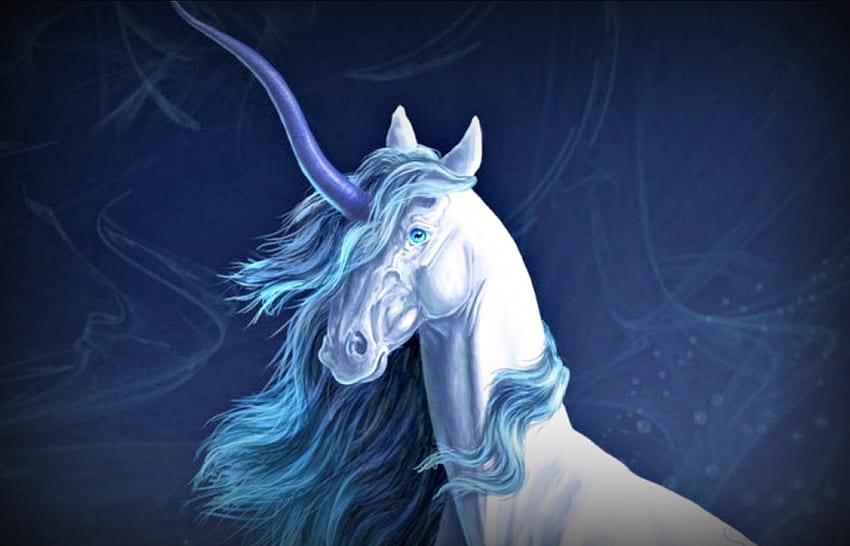 Unicornio, azul, animal, fantasía, cuerno, criatura, caballo blanco fondo de pantalla
