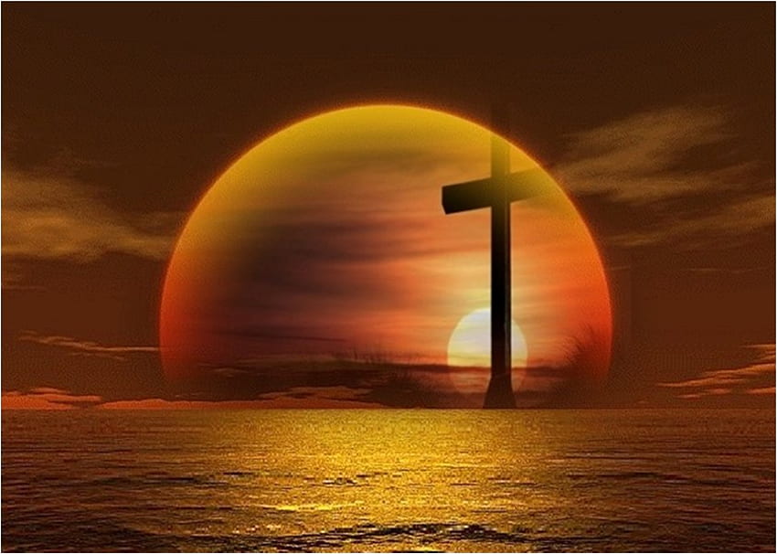 Sunset Cross, sea, god, moon, sunst, jesus, christ, religion, christianity HD wallpaper
