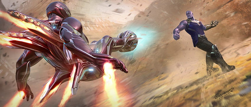 Infinity War Concept Art - Iron Man Mk50 vs. Thanos on Titan Keyframe สร้างโดย Phil Saunders : Marvelstudios วอลล์เปเปอร์ HD
