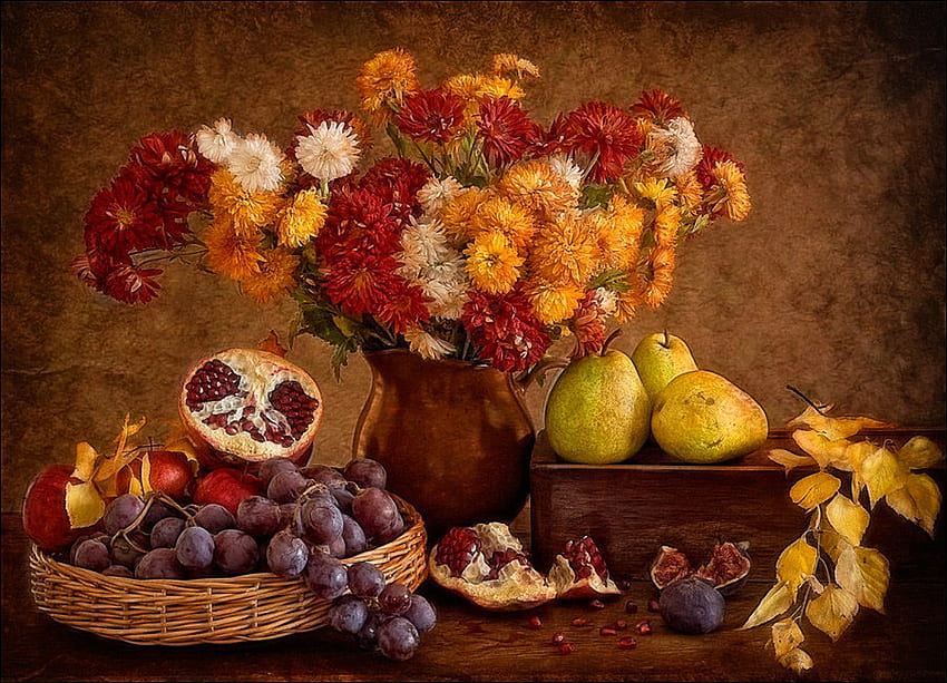 Still life, bouquet, graphy, grapes, colors, kettle, beauty, nice, pomegranate, season, flower, autumn, chrysanthemums, , amazing, fig, vase, beautiful, fruits, pear, leaves, pretty, cool, apple, chrysanthemum, lovely, harmony HD wallpaper