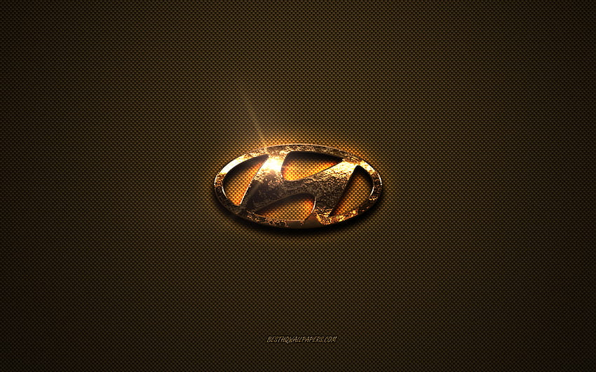 Златно лого на Hyundai, произведения на изкуството, кафяв метален фон, емблема на Hyundai, творчески, лого на Hummer, марки, Hyundai HD тапет