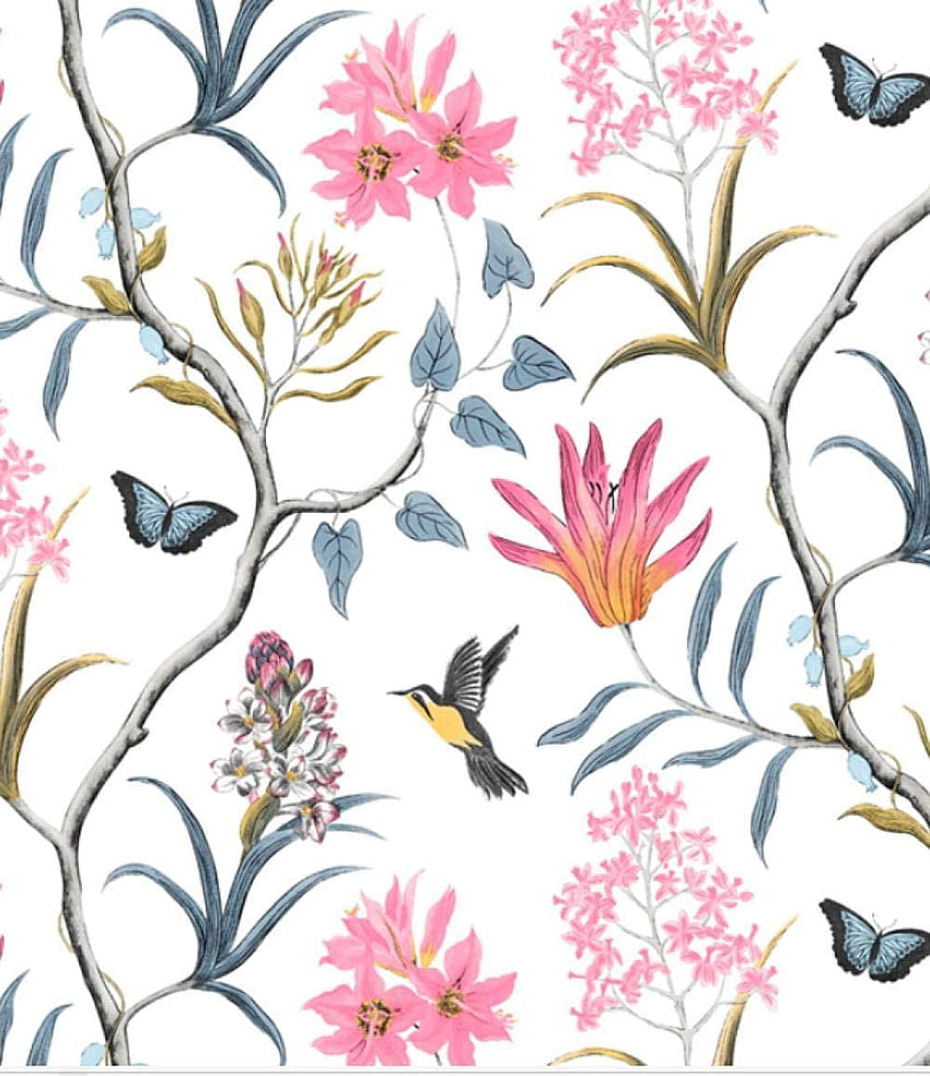 3D Chinoiserie Bedroom Wall Covering Modern Vintage Pink Floral Blue Tropical Butterfly Birds Flower Wall Paper * 300: .uk: DIY & เครื่องมือ วอลล์เปเปอร์โทรศัพท์ HD