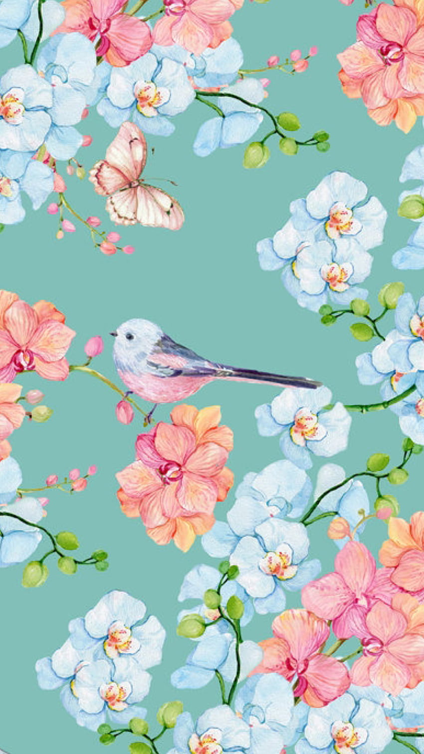 Flores de verano con ilustraciones de acuarela de aves y mariposas. fondo de pantalla del teléfono
