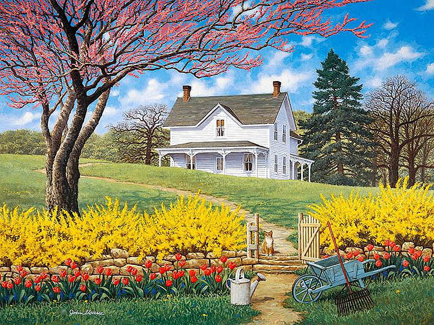 Spring Ahead, painting, blossoms, trees, blooming, garden, sky, flowers, cottage HD wallpaper