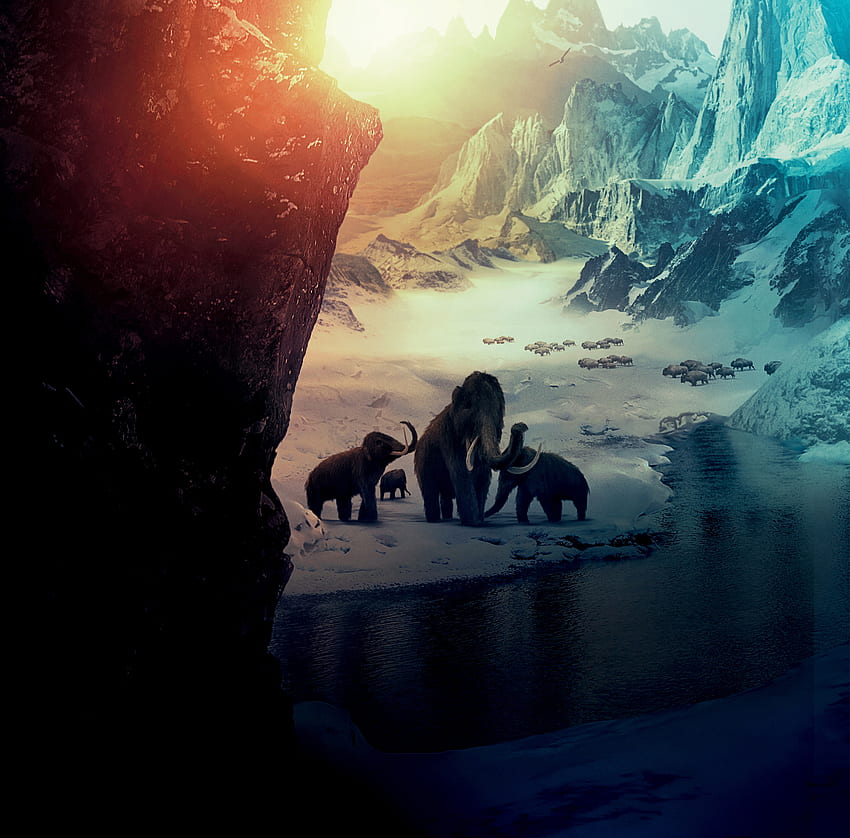 Mammoths, big Elephants, Ice Age, snow mountains, fantasy HD wallpaper