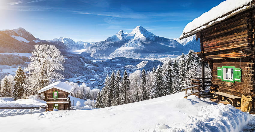 chalet gunung di musim dingin, musim dingin, istirahat, kemiringan, salju, chalet, indah, liburan, gunung, langit Wallpaper HD