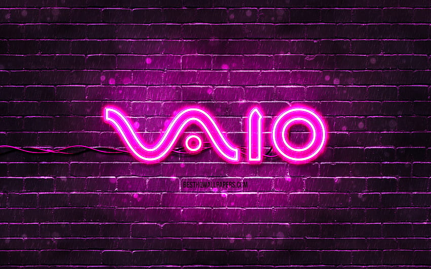 VAIO purple logo, , purple brickwall, VAIO logo, brands, VAIO neon logo, VAIO, Sony VAIO HD wallpaper