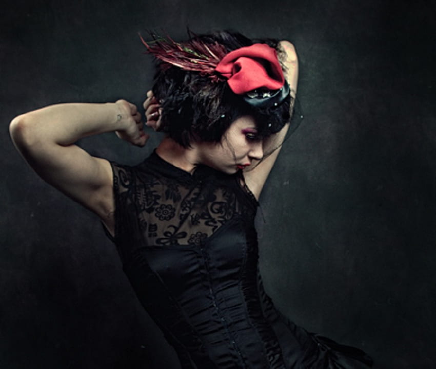 Little Black Number, black, model, red, hat, beauty, female HD wallpaper