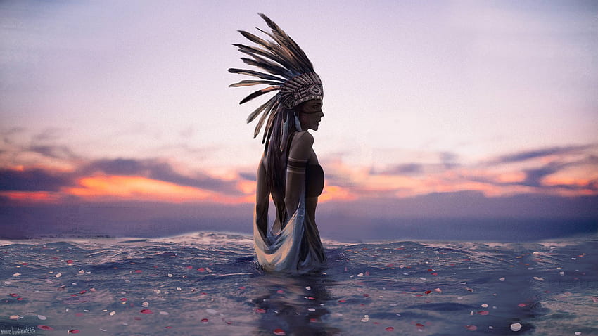 Indian, Women, Sunset, Water, Digital art, Native American clothing / and Mobile Background HD wallpaper