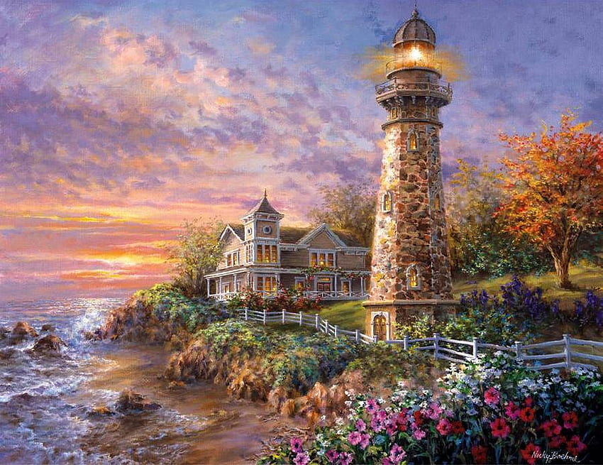 Homecoming, lighthouse, white fence, trees, flowers, two-story house, water, rocks, beach HD wallpaper