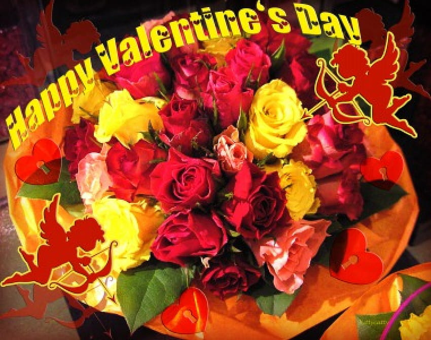 ~ღ~ Bouquet of Valentine Roses ~ღ~ , roses, cupids, valentine, hearts, red roses, nature, flowers, yellow roses, valentines day HD wallpaper