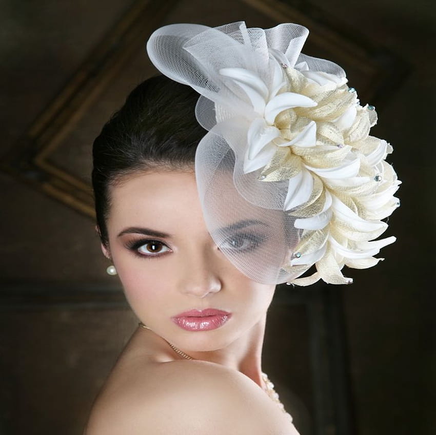 BEAUTIFUL SHE.., white, black, model, brunette, woman, elegant, flower, bride, hat HD wallpaper