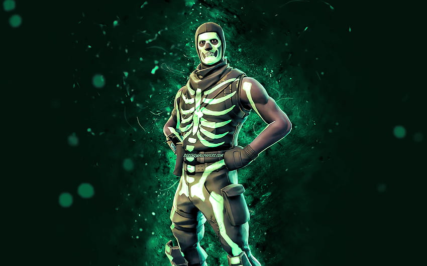 Green Glow Skull Trooper, turkusowe neony, Fortnite Battle Royale, postacie z Fortnite, Green Glow Skull Trooper Skin, Fortnite, Green Glow Skull Trooper Fortnite Tapeta HD