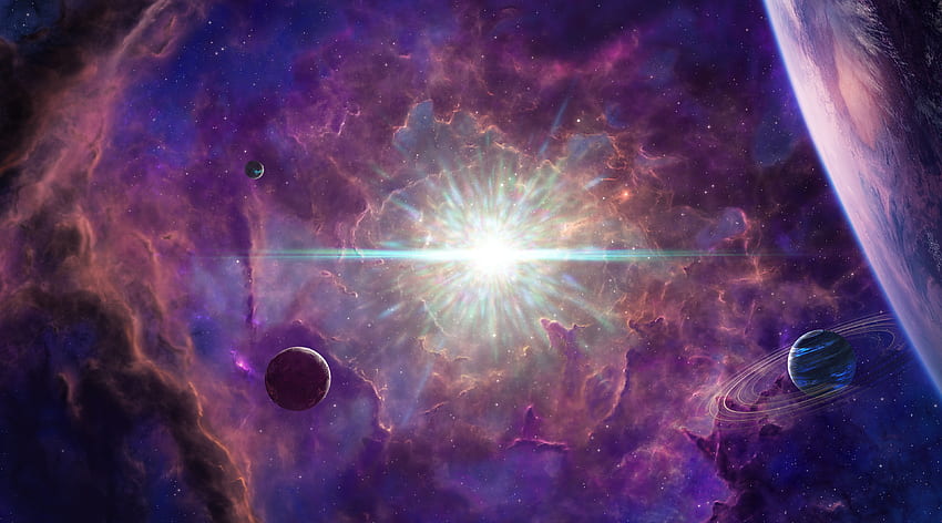 Glowing star, purple, star, planet, sky, cosmos, tim barton, cloud HD wallpaper