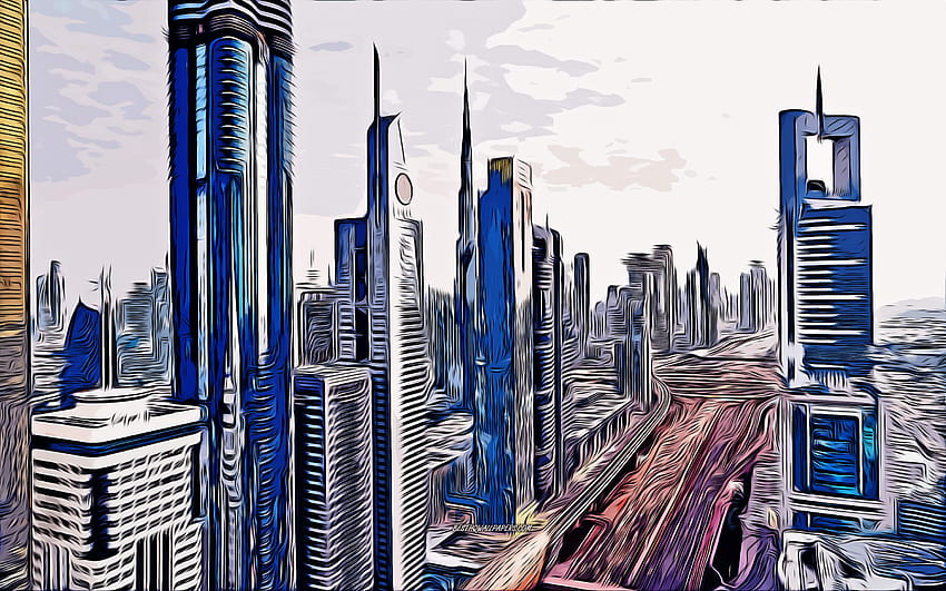 Dubai, skyscrapers, , vector art, Dubai drawing, creative art, Dubai art, vector drawing, abstract cityscape, Dubai Skyline, UAE, Dubai cityscape HD wallpaper