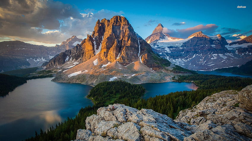 Zachód słońca nad Mount Assiniboine, Kanada, Zachód słońca, Las, Śnieg, Kanada, Jezioro, Kolumbia Brytyjska, Mount Assiniboine, Góra Tapeta HD