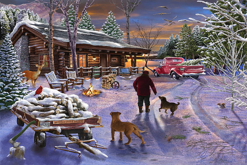 Refugio de invierno, cabaña, nieve, invierno, escarcha, ciervos, perros, choza fondo de pantalla