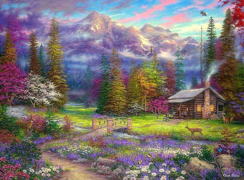 Inspiration of Spring, attractions in dreams, meadow, paintings, spring, landscapes, love four seasons, animals, valley, deer, trees, nature, flowers, mountains HD wallpaper