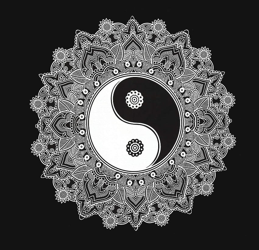 Tapisserie noire et blanche, tapisserie murale Yinyang, tapisseries mandala, grand art mural hippie bohème imprimé en coton traditionnel indien par SheetKart : Tout le reste, Cool Yin Yang Mandala Fond d'écran HD