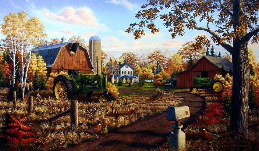 Autumn Gold, pumpkins, barn, leaves, trees, farm, tractor HD wallpaper