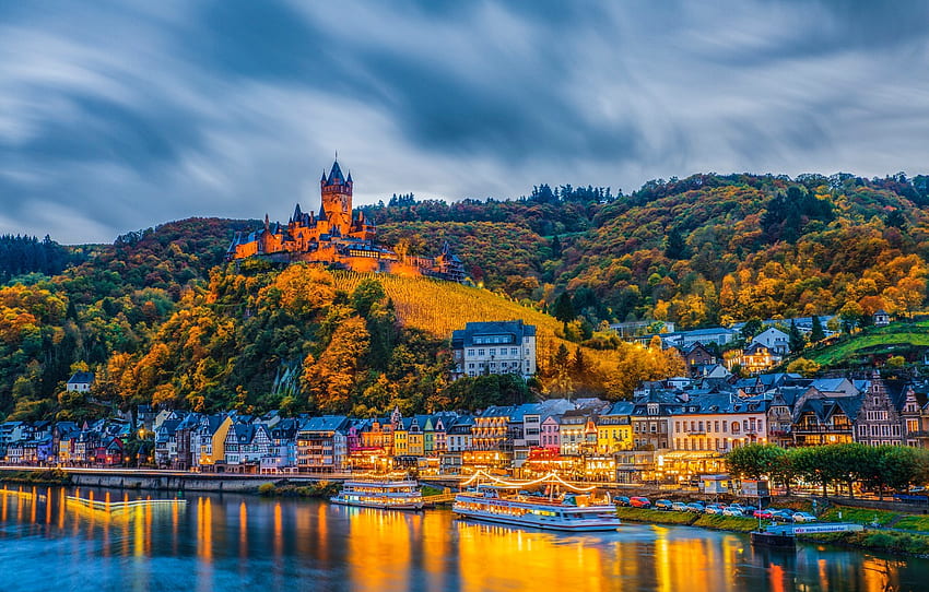 autumn, forest, the city, lights, castle, hills, shore, Germany, pond, Cochem for , section город HD wallpaper