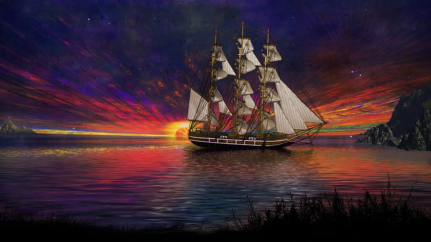 Sunset Sailing, mar, veleiros, veleiros, oceanos, pôr do sol, barcos, sol papel de parede HD
