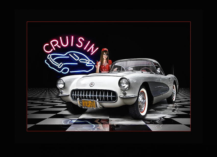 Cruisin', retro, classic, reflection, car, chevy, corvette, cruising HD wallpaper
