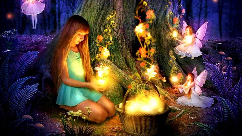 Вълшебна нощ, фантазия, магически, феи, огън, дете HD тапет