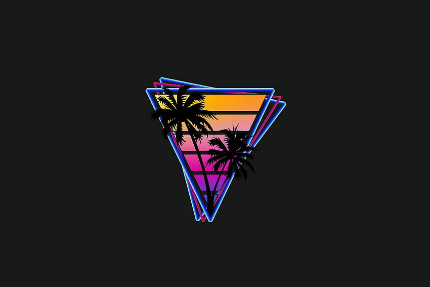 Vaporwave, triángulos, palmeras, minimal. fondo de pantalla
