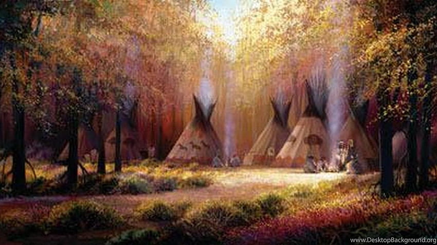 de campamento de otoño de nativos americanos, paisaje de nativos americanos fondo de pantalla