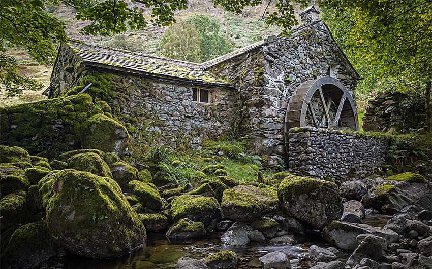 Secret Watermill in England, England, watermill, rocks, UK, moss HD wallpaper