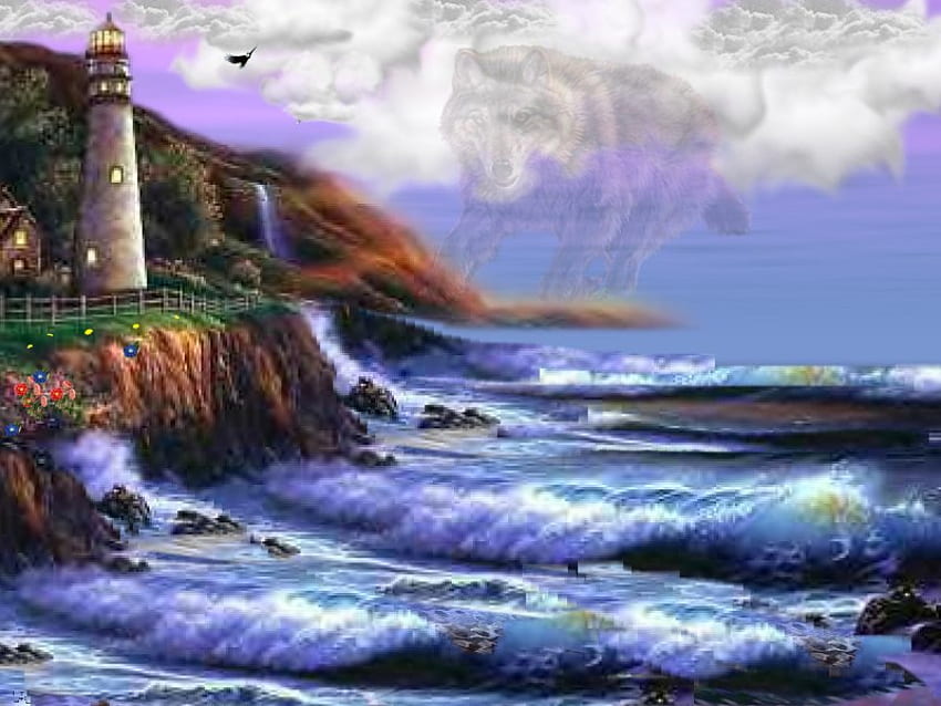 wolf in the sky, stormy seas HD wallpaper