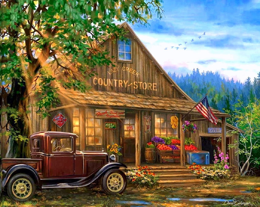 Country Store, coche retro, atracciones en sueños, pinturas, frutas, verano, amor cuatro estaciones, tienda, naturaleza, flores, campo fondo de pantalla
