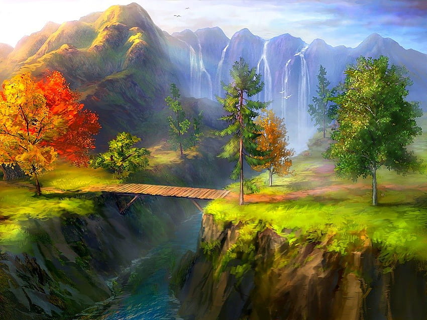 Pemandangan luar biasa, penuh warna, lanskap, indah, magis, air terjun, pepohonan, alam, pegunungan, kemegahan Wallpaper HD