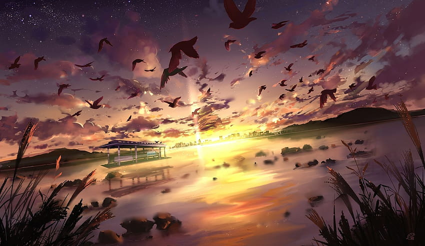 animal bird clouds landscape mikan 121 nobody original scenic sky sunset water Anime, Subtle Anime HD wallpaper