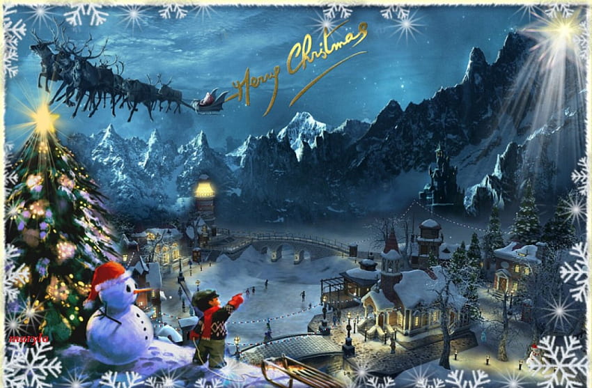 selamat natal untuk semua temanku di nexus, biru, musim dingin, selamat natal, sihir, 2015, claus, tahun, bintang, orang-orangan salju, pemandangan, rusa kutub, anak laki-laki, salju, pohon natal, alam Wallpaper HD