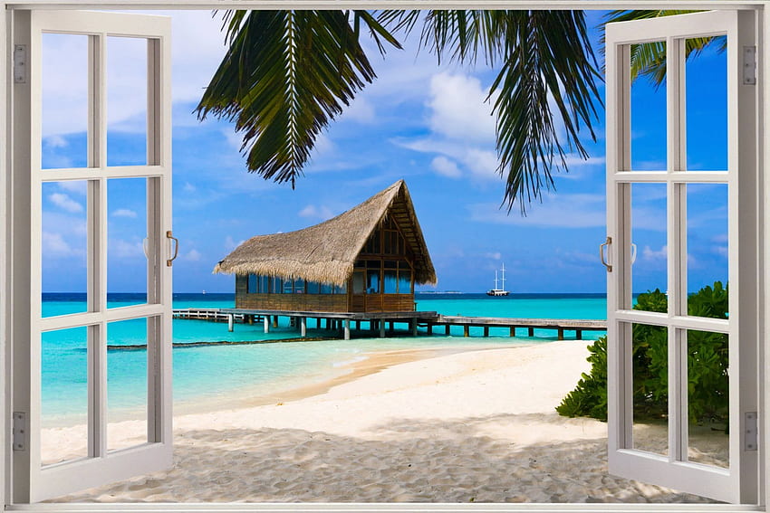 Huge 3D Window view Exotic Ocean Beach Wall Sticker Film Art Decal, Exotic Windows HD wallpaper