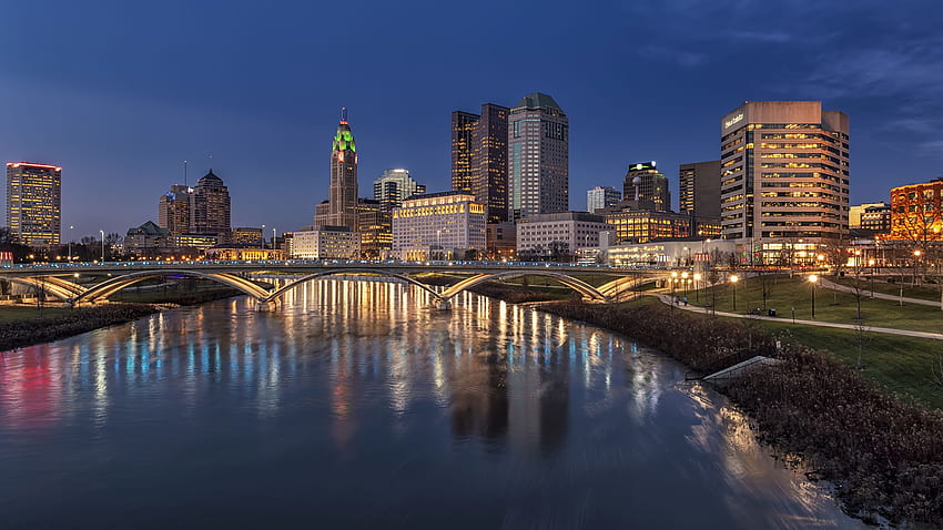 USA Columbus Ohio bridge river Evening Street HD wallpaper