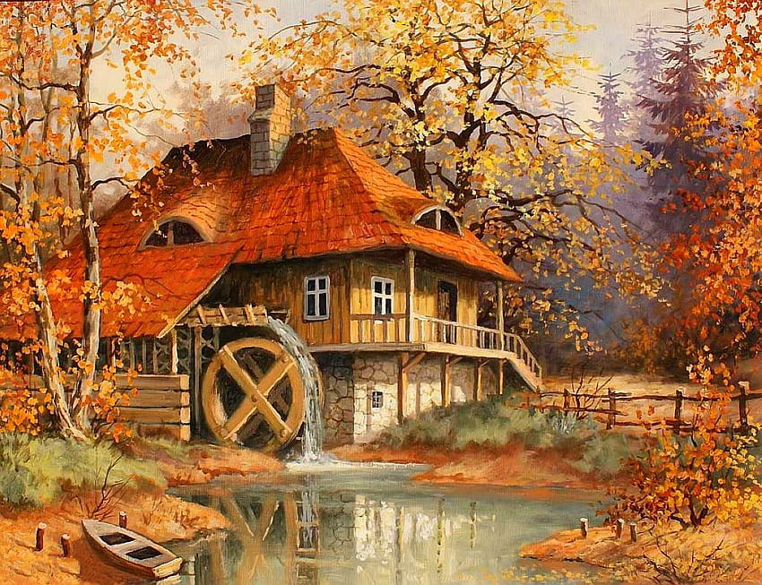 Moulin à roue à eau, rivière, roue, moulin, maison, paysage, couleurs, paisible, beau, arbres, vue, automne, nature, chalet, splendeur, eau, charmant Fond d'écran HD