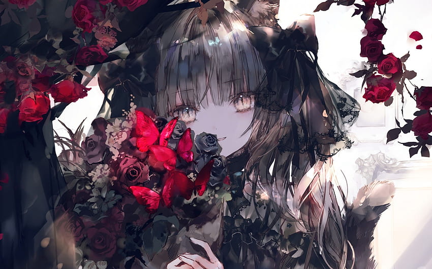 Gadis Anime Gotik, Kegelapan, Lolita, Merah Wallpaper HD