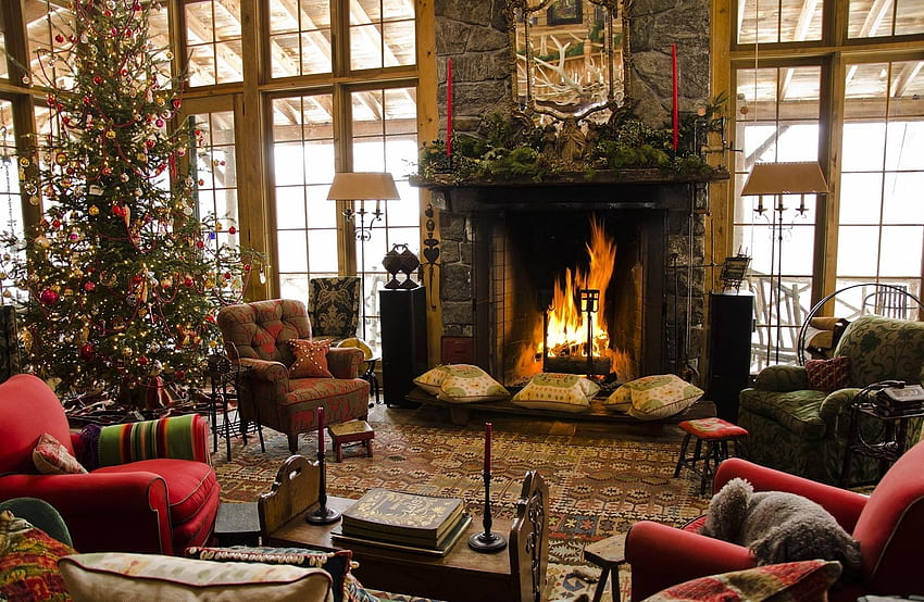 家, 休日, クリスマス, トウヒ, モミ, 居心地の良さ, 快適さ, 椅子, 暖炉, 肘掛け椅子 高画質の壁紙