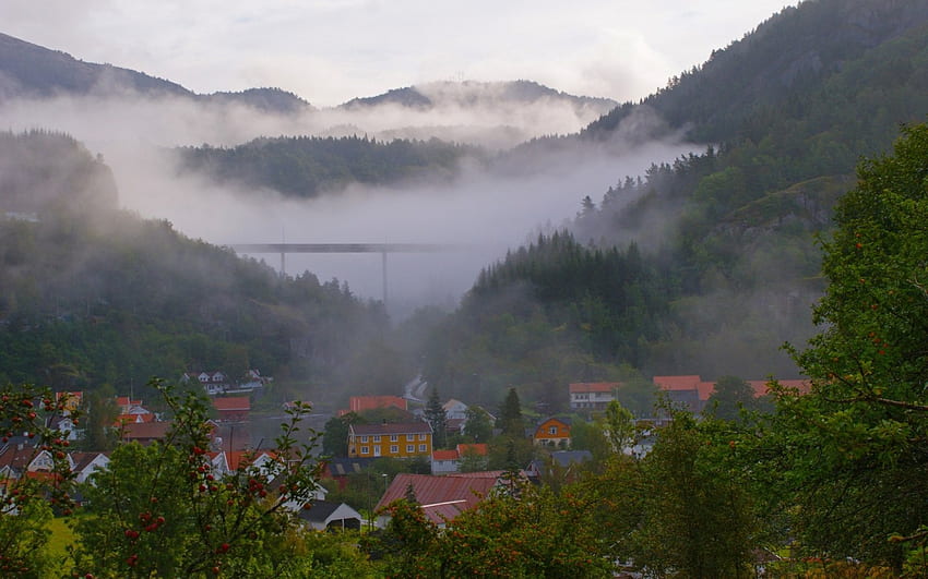 town of feda norway in a foggy valley, fog, valley, town, bridge, mountains HD wallpaper