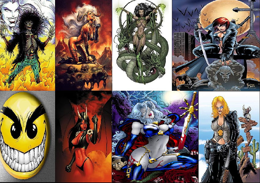 Chaos Comics, evil ernie, lady death, smiley the psychotic button, castity, jade, purgatori, lady demon, bad gatinho papel de parede HD