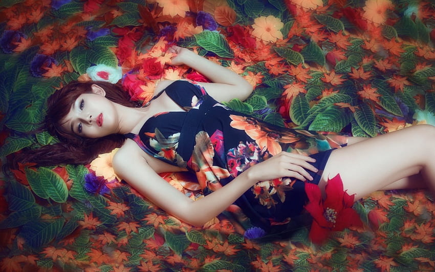 Girl, blue, colorful, model, asian, orange, beauty, woman, red, autumn, leaf HD wallpaper