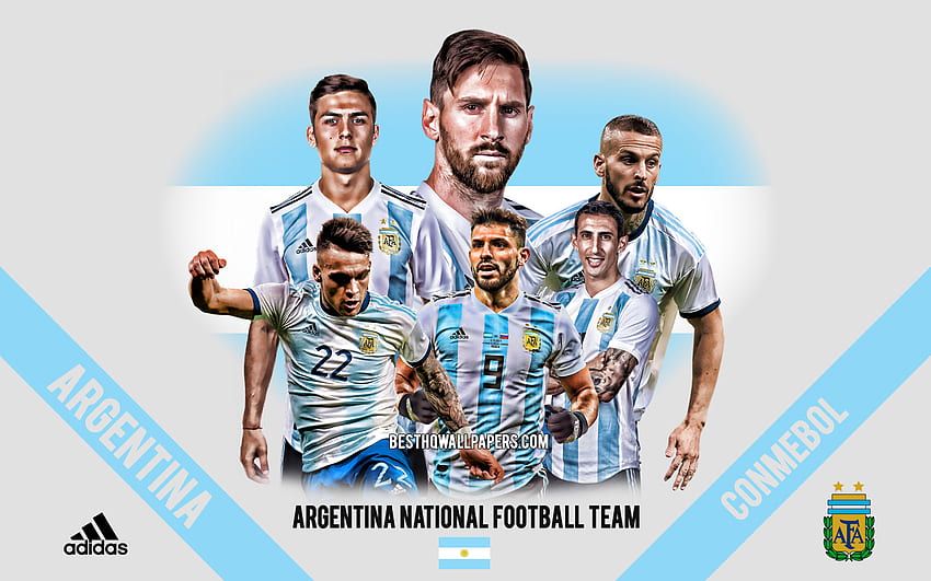 ทีมชาติอาร์เจนตินา หัวหน้าทีม CONMEBOL อาร์เจนตินา อเมริกาใต้ ฟุตบอล โลโก้ สัญลักษณ์ Lionel Messi Sergio Leonel Aguero Paulo Dybala Lautaro Martinez ด้วยความละเอียด . คุณสูง วอลล์เปเปอร์ HD